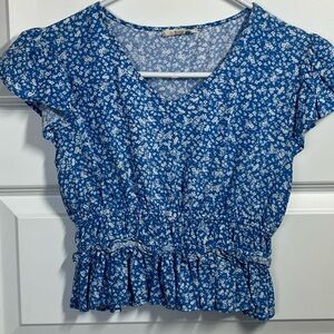 Blue Floral Crop Top Boho Ruffle Sleeve Peplum Babydoll Blouse Small